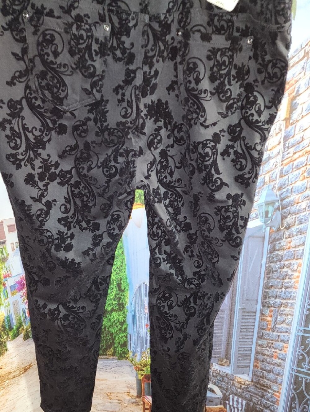 Terra Sky Black Velvet Burnout Floral Skinny Pants Size 2x - Picture 5 of 12